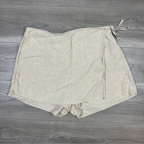 Beige Wrap Front Skort Shorts Mini Linen Look Tie Side Summer Resortwear - Picture 1 of 3